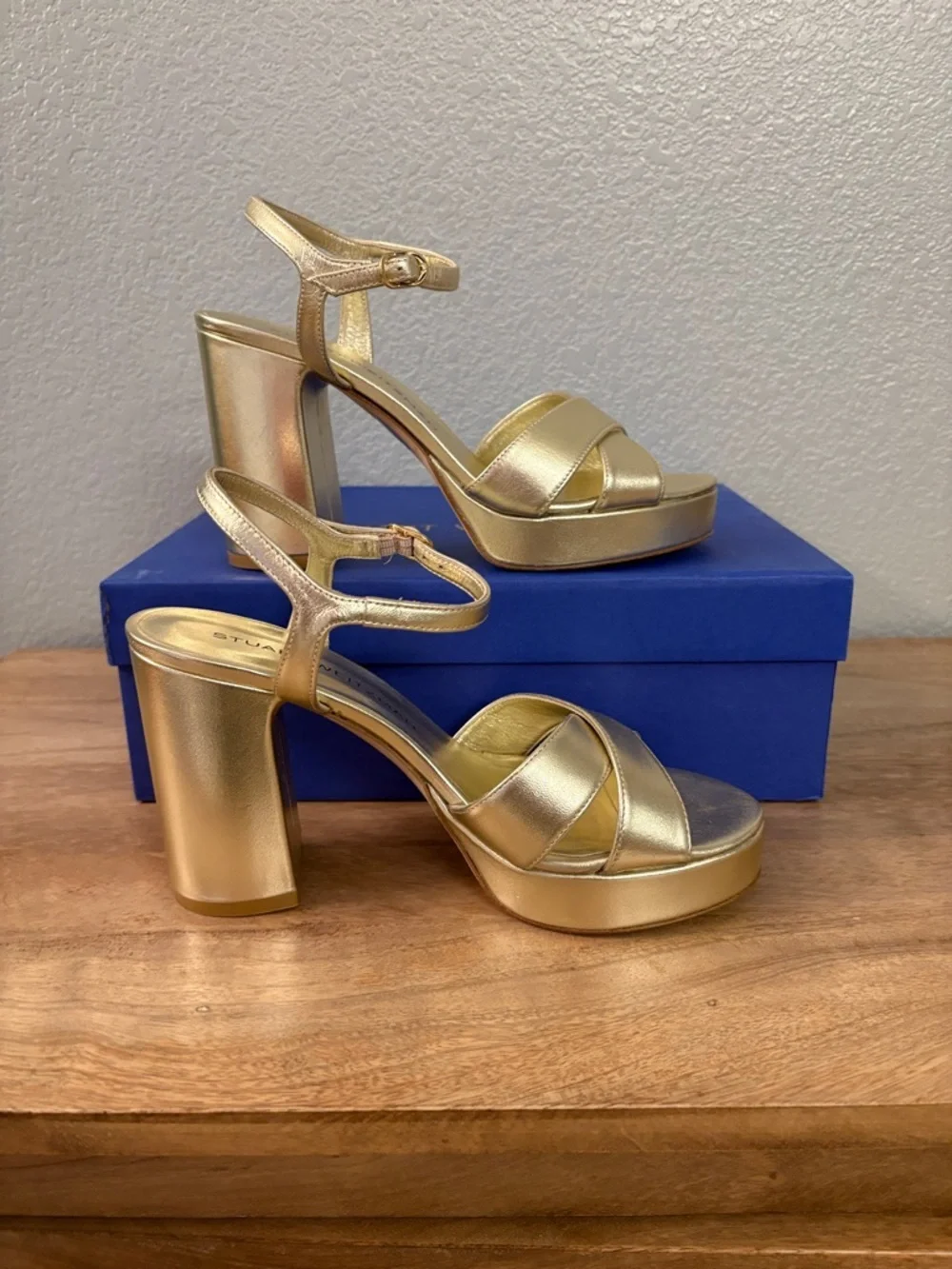 Stuart Weitzman Metallic Gold Platform Block Heel Sandals